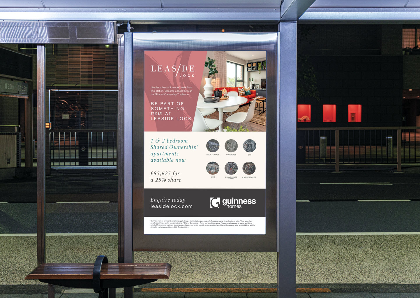 A bus stop advertisement poster that showcases a new property development by Guinness Homes