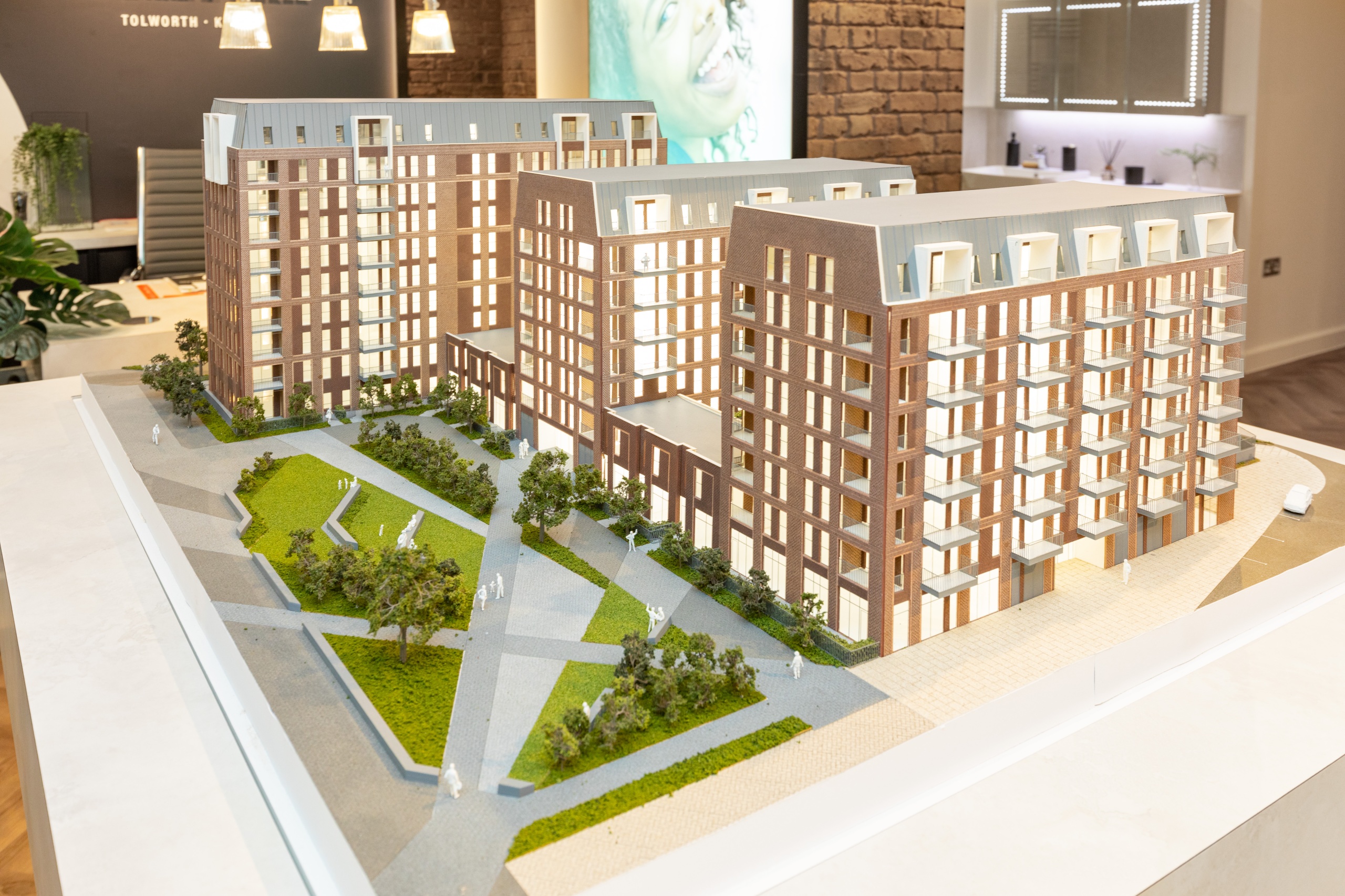 Large 3D model of an apartment complex and the communal gardens around it