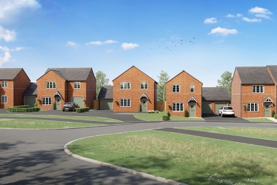 A street with modern detached houses on it and lot's of green space and trees